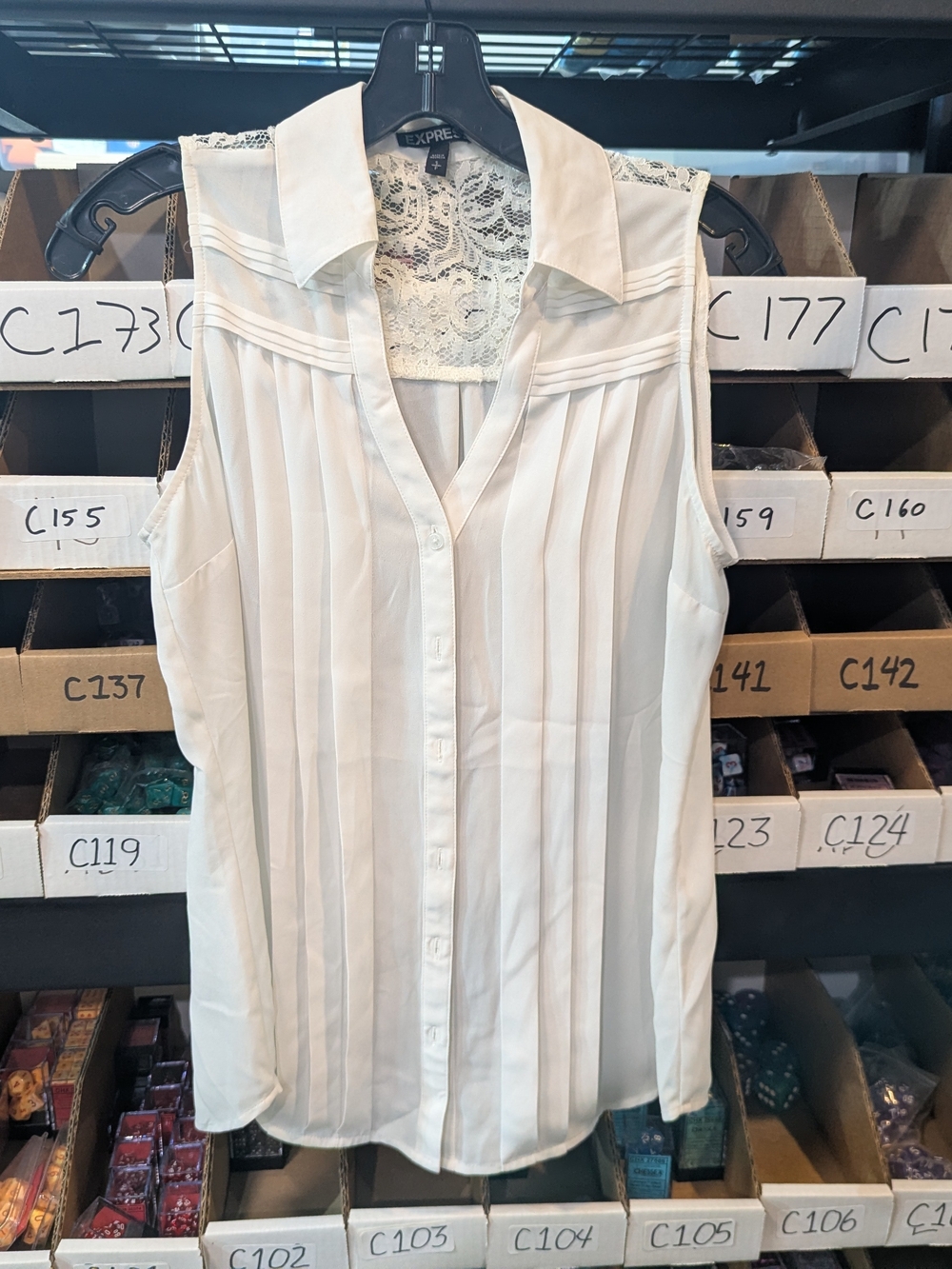 Express White Sleeveless Pleated Button-Up Top with Lace Back | SP